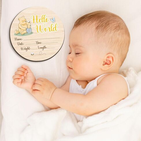 Winnie Baby Wooden Newborn Birth Sign, Winnie Hello World Newborn Signs, Babies Name Sign, The Pooh Baby Announcement Signs Photography Prop, Double Sided Hello World for New Mom Babies Party in Kuwait
