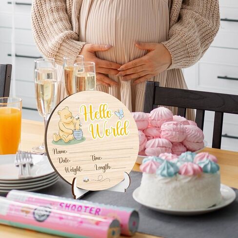 Winnie Baby Wooden Newborn Birth Sign, Winnie Hello World Newborn Signs, Babies Name Sign, The Pooh Baby Announcement Signs Photography Prop, Double Sided Hello World for New Mom Babies Party in Kuwait
