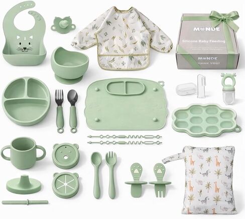 MONDE 25PCS Ultimate Silicone Baby Feeding Set, Complete Mealtime Baby-Led Weaning Essentials From Infant To Toddler, Bib, Smock, Sippy Cup, Dry Wet Bag, Placemat, Perfect Premium Gift Set (Green) in Kuwait