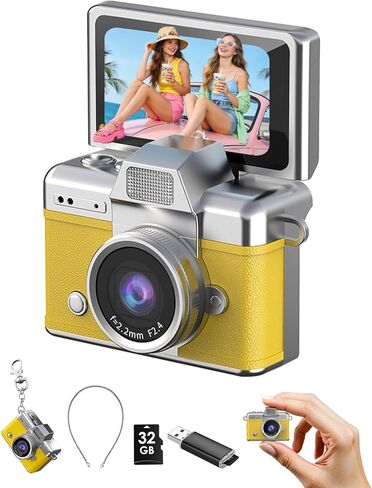 Mini Keychain Camera, 1080P Portable Digital Camera with 1.47" Flip LCD & Flash, Retro Collectible Pocket Camera for Travel, Parties, Birthday(Pink32GB) in Kuwait
