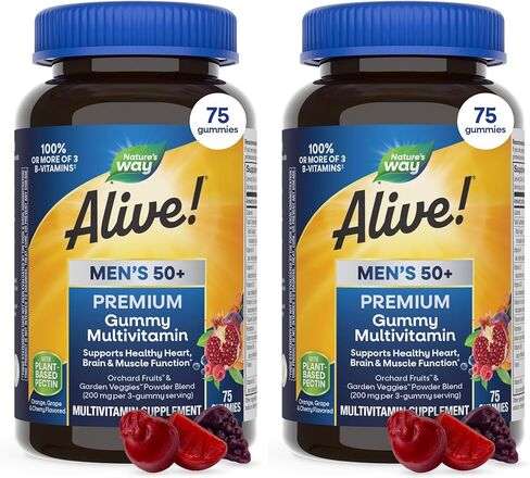Nature's Way Alive! Men’s 50+ Premium Gummy Multivitamins, Supports Multiple Body Systems, B-Vitamins, Gluten-Free, Vegetarian, Grape, Orange and Cherry Flavored Gummies, 75 Gummies in Saudi Arabia