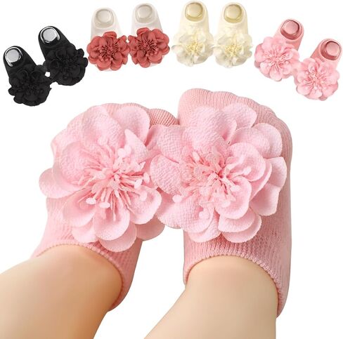 Baby Girl Socks with Non-Slip Grips, 4 Pairs Cute Soft Cotton Breathable Flower Infant Ankle Socks for Newborn in Saudi Arabia