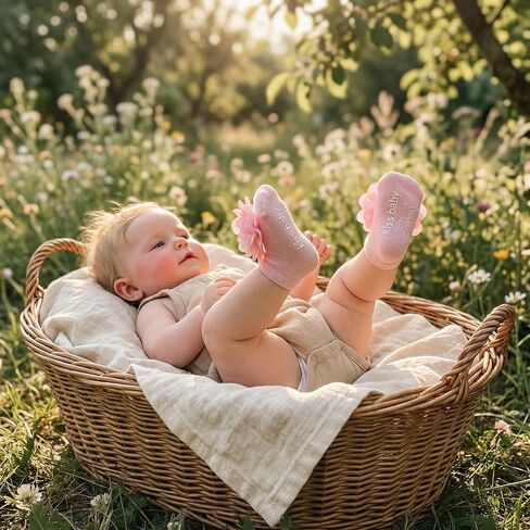 Baby Girl Socks with Non-Slip Grips, 4 Pairs Cute Soft Cotton Breathable Flower Infant Ankle Socks for Newborn in Saudi Arabia