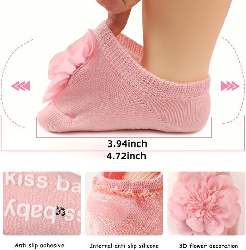 Baby Girl Socks with Non-Slip Grips, 4 Pairs Cute Soft Cotton Breathable Flower Infant Ankle Socks for Newborn in Saudi Arabia