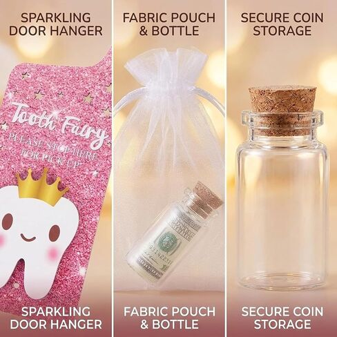 Tooth Fairy Door Hanger Set with Tooth Holder Bag and Coin Bottle, Magical Tooth Fairy Experience Kit for Bedroom Decor, Tooth Fairy Pillow Alternative with Keepsake Storage Organizer in Kuwait
