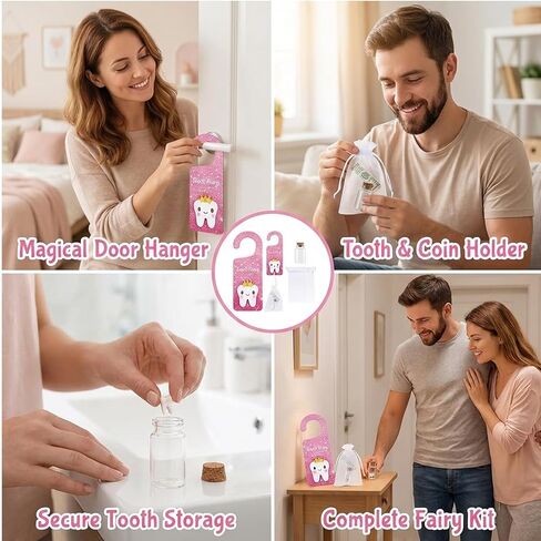 Tooth Fairy Door Hanger Set with Tooth Holder Bag and Coin Bottle, Magical Tooth Fairy Experience Kit for Bedroom Decor, Tooth Fairy Pillow Alternative with Keepsake Storage Organizer in Kuwait