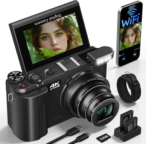 2026 ترقية كاميرا رقمية بدقة 4K للتصوير الفوتوغرافي، وكاميرا تسجيل فيديو بدقة 88 ميجابكسل لليوتيوب مع شاشة قلاب 3 بوصات بزاوية 180 درجة، ونقطة تكبير بصري 24X والتقاط كامارا مع بطاقة Micro SD سعة 32 جيجابايت للمبتدئين (أسود) in Kuwait