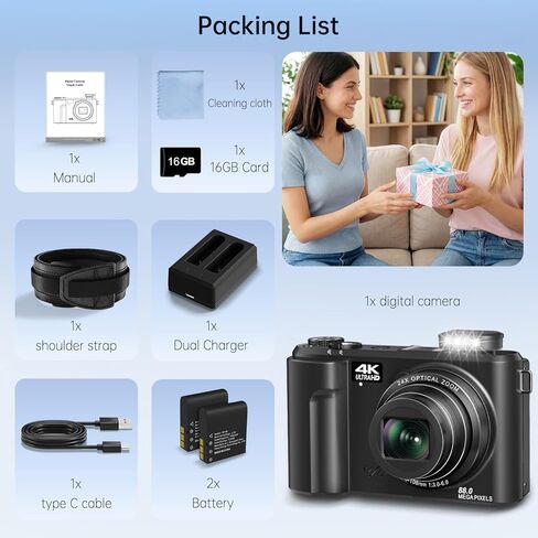 2026 ترقية كاميرا رقمية بدقة 4K للتصوير الفوتوغرافي، وكاميرا تسجيل فيديو بدقة 88 ميجابكسل لليوتيوب مع شاشة قلاب 3 بوصات بزاوية 180 درجة، ونقطة تكبير بصري 24X والتقاط كامارا مع بطاقة Micro SD سعة 32 جيجابايت للمبتدئين (أسود) in Kuwait