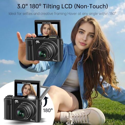2026 ترقية كاميرا رقمية بدقة 4K للتصوير الفوتوغرافي، وكاميرا تسجيل فيديو بدقة 88 ميجابكسل لليوتيوب مع شاشة قلاب 3 بوصات بزاوية 180 درجة، ونقطة تكبير بصري 24X والتقاط كامارا مع بطاقة Micro SD سعة 32 جيجابايت للمبتدئين (أسود) in Kuwait