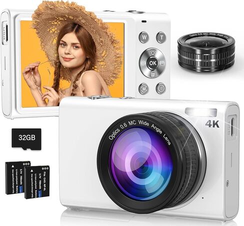 كاميرا رقمية، كاميرا رقمية 4K مع عدسة زاوية واسعة، تركيز تلقائي 64 ميجابكسل، تكبير رقمي 16X، كاميرا تسجيل فيديو مدمجة للمراهقين/المبتدئين، بطاقة 32 جيجابايت، بطاريتان (أبيض) in Kuwait