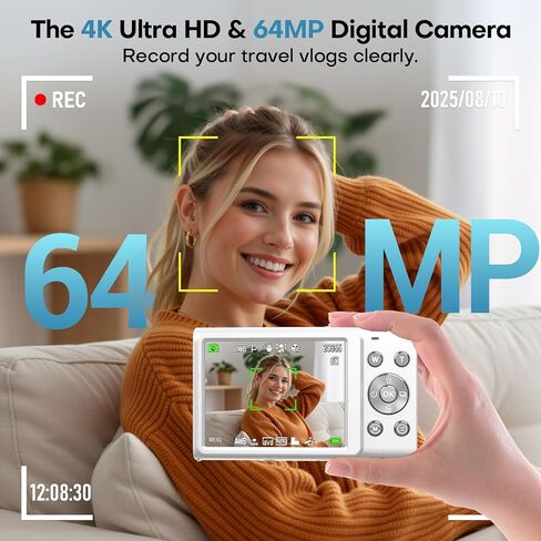 كاميرا رقمية، كاميرا رقمية 4K مع عدسة زاوية واسعة، تركيز تلقائي 64 ميجابكسل، تكبير رقمي 16X، كاميرا تسجيل فيديو مدمجة للمراهقين/المبتدئين، بطاقة 32 جيجابايت، بطاريتان (أبيض) in Kuwait