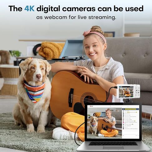 كاميرا رقمية، كاميرا رقمية 4K مع عدسة زاوية واسعة، تركيز تلقائي 64 ميجابكسل، تكبير رقمي 16X، كاميرا تسجيل فيديو مدمجة للمراهقين/المبتدئين، بطاقة 32 جيجابايت، بطاريتان (أبيض) in Kuwait