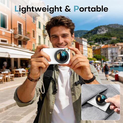 كاميرا رقمية، كاميرا رقمية 4K مع عدسة زاوية واسعة، تركيز تلقائي 64 ميجابكسل، تكبير رقمي 16X، كاميرا تسجيل فيديو مدمجة للمراهقين/المبتدئين، بطاقة 32 جيجابايت، بطاريتان (أبيض) in Kuwait