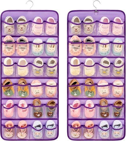 Dual-sided Baby Shoe Organizer Closet Hanging Toddler Shoes Storage for Kids Bow Socks Underwear Holder with 48 Clear Pockets (Grey) in Kuwait