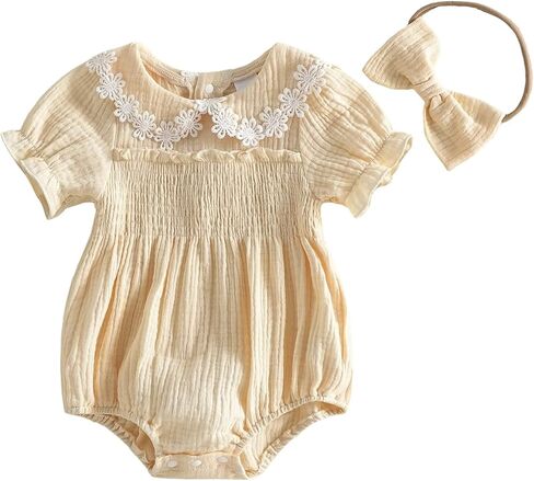 MERSARIPHY Newborn Baby Girl Summer Clothes Peter Pan Collar Plaid Flower Smocked Bubble Short Sleeve Romper One Piece Outfit in Saudi Arabia