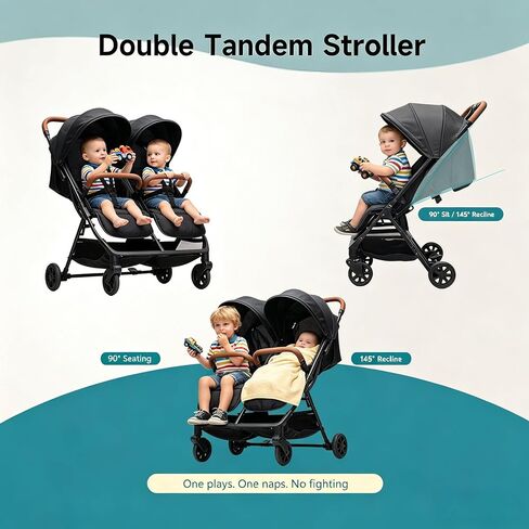 Double Tandem Stroller for 2 Kids Side by Side - Ultra-Lightweight Self-Standing, Multi-Position Recline, UPF50+ Canopy, All-Terrain Shock Absorption, Large Storage, Easy Fold for Travel in Kuwait