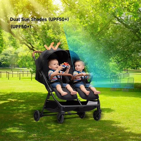 Double Tandem Stroller for 2 Kids Side by Side - Ultra-Lightweight Self-Standing, Multi-Position Recline, UPF50+ Canopy, All-Terrain Shock Absorption, Large Storage, Easy Fold for Travel in Kuwait