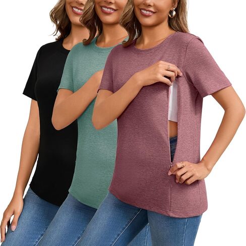 GINKANA 3-Pack Nursing Tops for Women Hidden Zipper Breastfeeding Shirts Loose Fit Maternity Postpartum Short Sleeve Tees in Kuwait