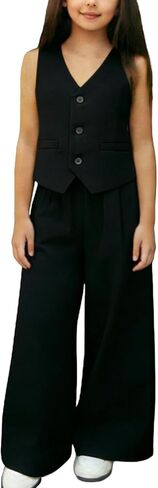 Girls Dressy Summer 2 Piece Outfits Button V Neck Sleeveless Blazer Vest Matching Wide Leg Pants Sets for 1-13 Years in Kuwait