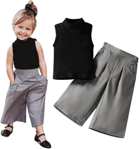 2PCS Toddler Baby Girl Turtleneck Sleeveless Ribbed Knitted Vest Shirt + Stripe Wide-Leg Pants Sets in Saudi Arabia