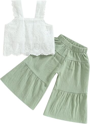 Kids Toddler Girl Summer Clothes Outfit Baby Solid Color Sleeveless Lace Tank Tops and Wide Leg Pants Set in Kuwait