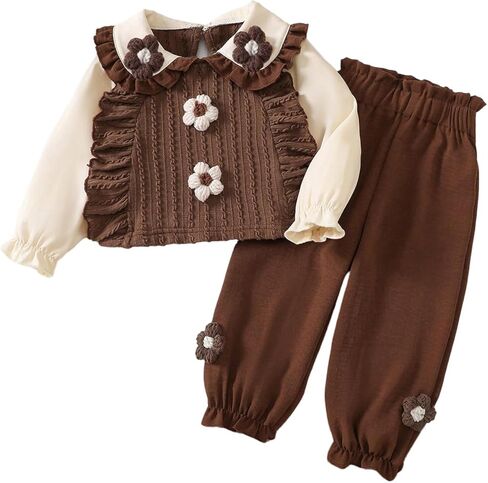 MakeMeChic Girl's 2 Piece Fall Outfits 3D Floral Long Sleeve Collared Shirt and Pants Cute Matching Set in Kuwait