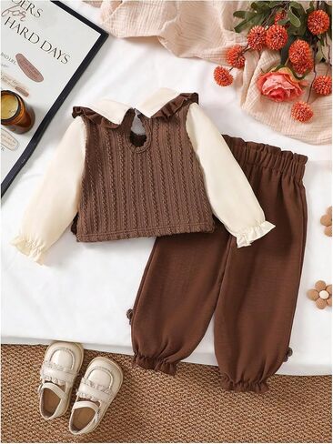 MakeMeChic Girl's 2 Piece Fall Outfits 3D Floral Long Sleeve Collared Shirt and Pants Cute Matching Set in Kuwait