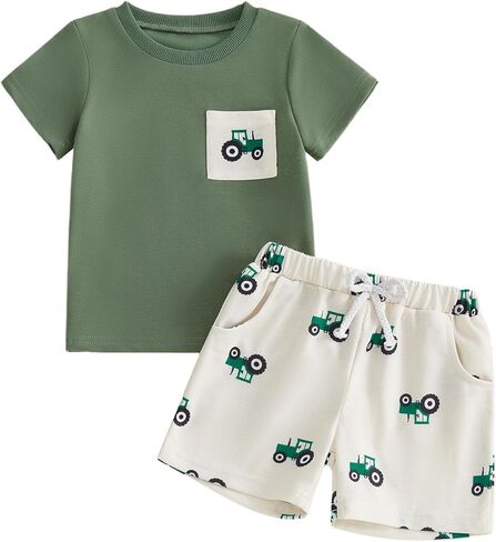 Toddler Boy Halloween Thanksgiving Farm Shirt Baby Tee Shorts Set | Cotton Blend 2Pcs Shorts and T-Shirt, Tractor Farm Outfit, Great for Pumpkin Picking, Sizes 12-18M to 4T-5T in Saudi Arabia