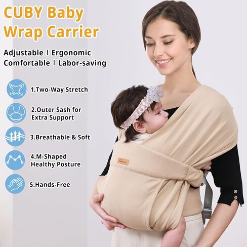 CUBY Baby Wraps Carrier Sling, Baby Carrier for Newborns and Toddlers,Skin-Friendly and Soft Front Baby Carrier Wrap Perfect Baby Gifts (Beige, Cotton) in Kuwait