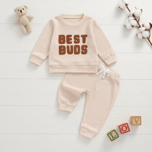 Baby Boy Girl Outfit Set Solid Long Sleeve Soft Breathable Unisex Waffle Shirt and Pant Spring Fall Clothes Sets 2Pcs in Kuwait