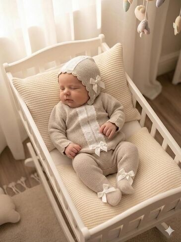Baby Knit Sweater Pants Hat 3-Piece Set Boys Girls Newborn Coming Home - Made in Spain in Saudi Arabia