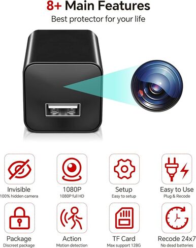 شاحن كاميرا Asnaghi، HD 1080P، كاميرا Nanny Cam سعة 64 جيجابايت مع كشف الحركة، لا حاجة لشبكة Wi-Fi in Kuwait