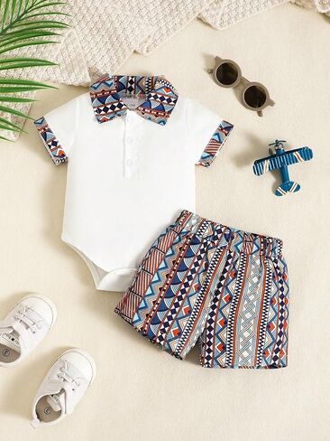 Baby Boys Geometric Print Polo Romper & Shorts Set Tribal Outfit for 1M-18M Infants in Kuwait