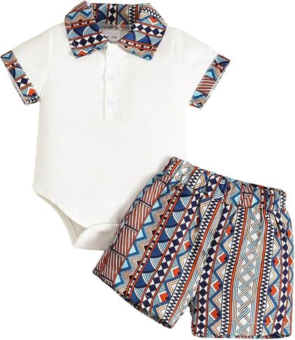 Baby Boys Geometric Print Polo Romper & Shorts Set Tribal Outfit for 1M-18M Infants in Kuwait