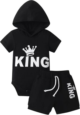 Newborn Baby Boy Clothes Summer Outfit Short Sleeve Hooded Letter Print Romper Top Infant Casual Shorts Set in Kuwait