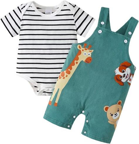 Baby Boy Clothes Cute Summer Outfits Infant Short Sleeve Striped Romper Cartoon Suspender Overalls 0-18 Months in Kuwait