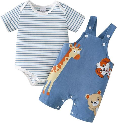 Baby Boy Clothes Cute Summer Outfits Infant Short Sleeve Striped Romper Cartoon Suspender Overalls 0-18 Months in Kuwait