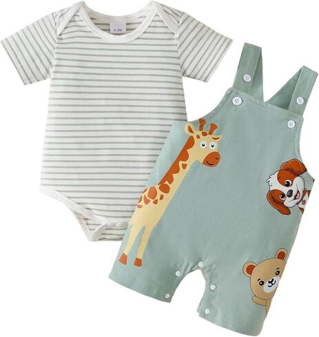 Baby Boy Clothes Cute Summer Outfits Infant Short Sleeve Striped Romper Cartoon Suspender Overalls 0-18 Months in Kuwait