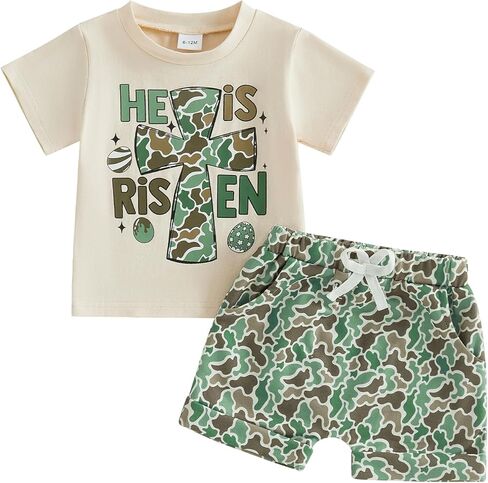 Toddler Boy Easter Outfit Letter Cross Short Sleeve T Shirt Camouflage Shorts Set 2T 3T 4T 5T Summer Outfits in Kuwait