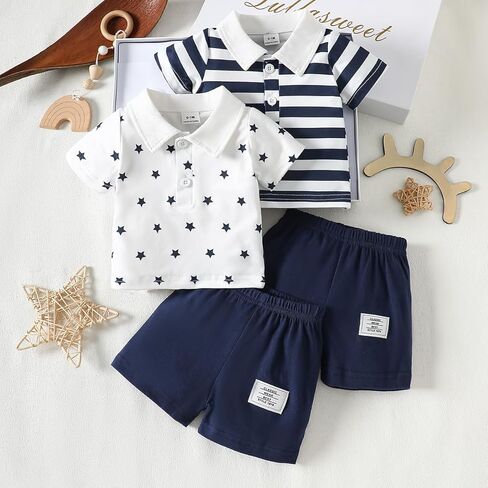 Baby Boy Polo Shirt and Shorts Set 2Pcs Infant Navy Blue White Star Striped Outfits Newborn Summer Clothing Set in Kuwait