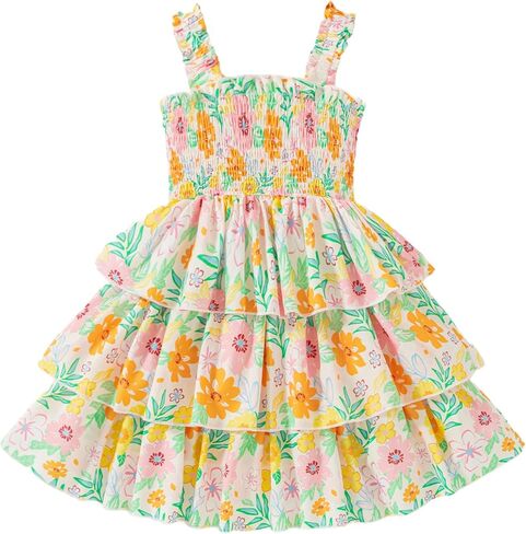 Toddler Girl Dress Summer Outfits Kids Ruffle Floral Smocked Straps Dresses Casual Sundress for Girls 2-8T in Kuwait