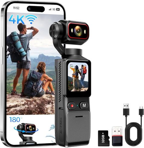 كاميرا تسجيل فيديو 4K مع واي فاي، عدسة دوارة 180 درجة، تثبيت 6 محاور، شاشة لمس، بطاقة 32 جيجابايت، كاميرا POV محمولة باليد، كاميرا جيب شخصية للسفر، مدونة فيديو، صور سيلفي، الرياضة واليومية in Kuwait