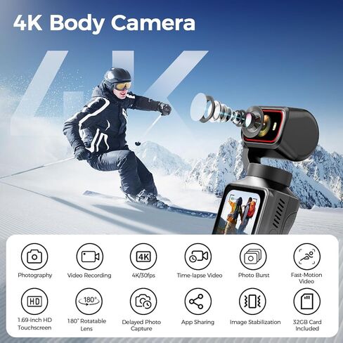 كاميرا تسجيل فيديو 4K مع واي فاي، عدسة دوارة 180 درجة، تثبيت 6 محاور، شاشة لمس، بطاقة 32 جيجابايت، كاميرا POV محمولة باليد، كاميرا جيب شخصية للسفر، مدونة فيديو، صور سيلفي، الرياضة واليومية in Kuwait