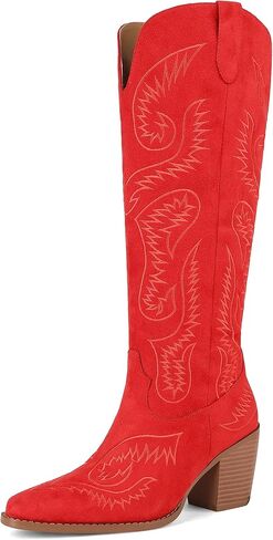 femflame Cowboy Boots for Women Knee High Boots Suede Vintage Western Boots Pull On Women's Cowgirl Boots with Pointed Toe Chunky Heels Embroidery Zipper for Daily Party in Kuwait