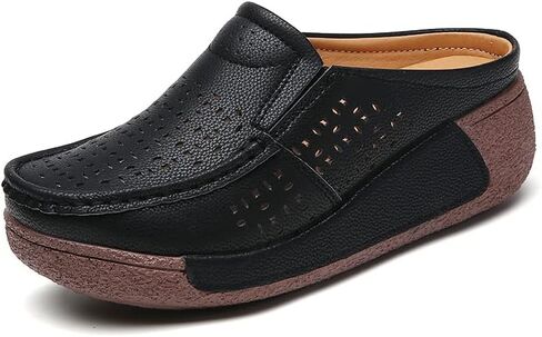 Women's Leather Slip-On Mules - Breathable Arch Support Sandals with Anti-Slip Sole in Kuwait