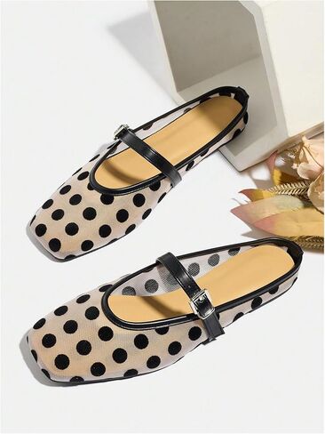 BEAUDRM Women's Polka Dots Mesh Ballet Flats Dressy Mules Closed Square Toe Flat Shoes Elegant Backless Loafers in Saudi Arabia