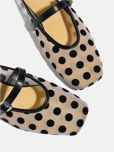 BEAUDRM Women's Polka Dots Mesh Ballet Flats Dressy Mules Closed Square Toe Flat Shoes Elegant Backless Loafers in Saudi Arabia