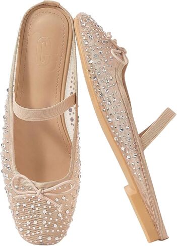 BEAUDRM Women's Polka Dots Mesh Ballet Flats Dressy Mules Closed Square Toe Flat Shoes Elegant Backless Loafers in Saudi Arabia
