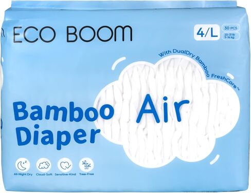 ECO BOOM Air Diapers, Tree-Free & Gentle for Sensitive Skin, Ultra Soft & Breathable, Reliable Overnight Protection, Size 4, 20-31 lbs in Kuwait