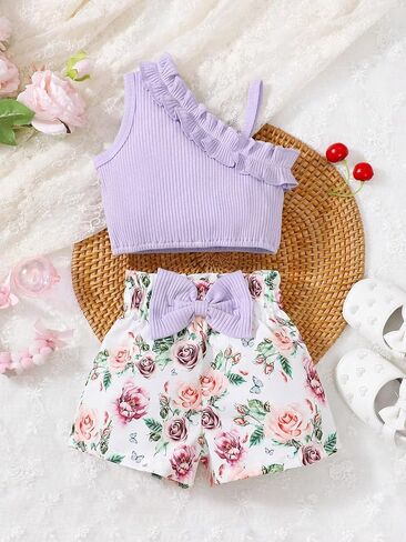 Baby Girl Sleeveless Tank Top Set One Shoulder Ruffle Floral Shorts Outfit Summer Infant Vacation Clothes in Kuwait